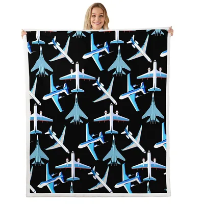 Blue and White Airplane Blanket: Retro Jet Pattern Throw