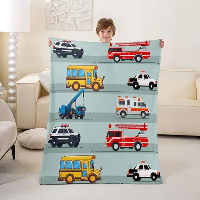 Kids Cartoon Vehicles Pattern Blanket featuring fire trucks