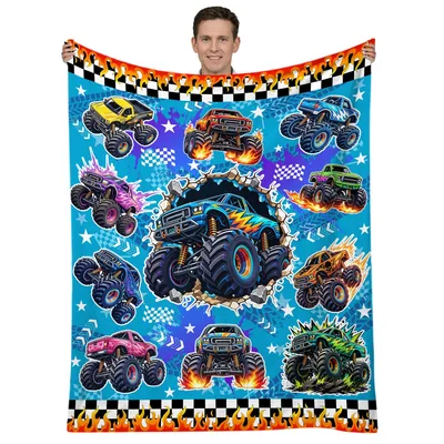 Monster Trucks on Blue Blanket: Big Wheels and Fire Design