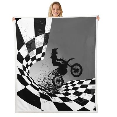 Dirt Bike Checkered Flag Blanket: Racing Silhouette Design