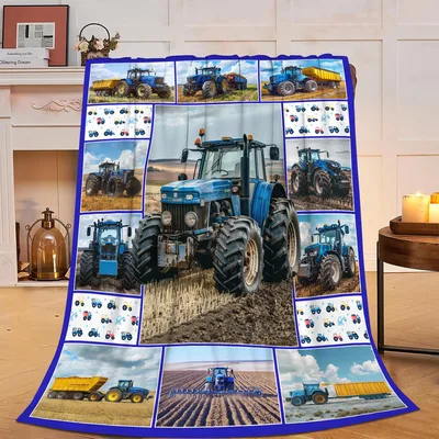 Tractor and Farm Machinery Blanket: Blue Tractor Collage Throw