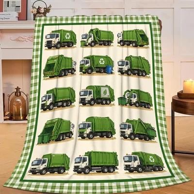 Garbage Trucks Green Plaid Blanket