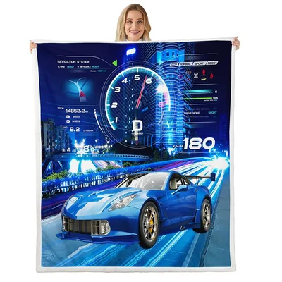 Blue Sports Car Blanket: Nighttime Dashboard Speedster Design