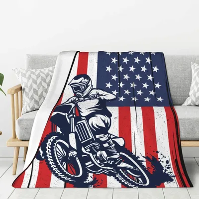 Motocross Rider American Flag Blanket: patriotic dirt bike art