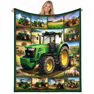Green Tractor Farm Scenes Blanket: A Collage of Agricultural Life