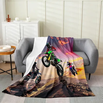 Motocross Riders at Sunset Blanket: Dirt Bike Action Art