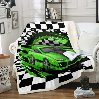 Green Race Car Blanket: Speeding Sports Car on Checkered Flag