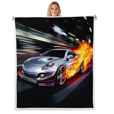 Racing Car with Flames Blanket: Silver Speedster with Golden Fire
