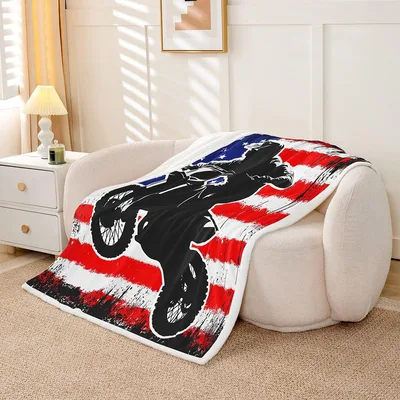 Dirt Bike Rider on Flag Blanket: American Motocross Design