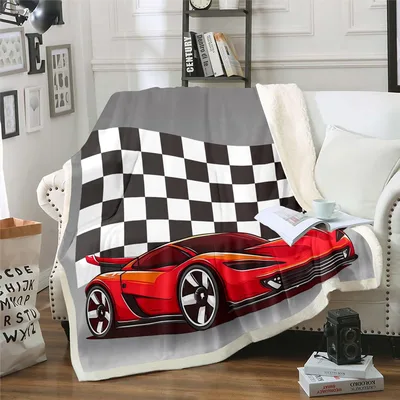 Race Car Checkered Flag Blanket: Speedy Red Sports Car Design