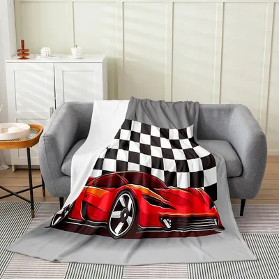 Red Race Car Checkered Blanket: Speedy Sports Car Design for Fans