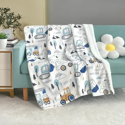 Cute Cartoon Trucks Pattern Blanket with Construction Vehicles
