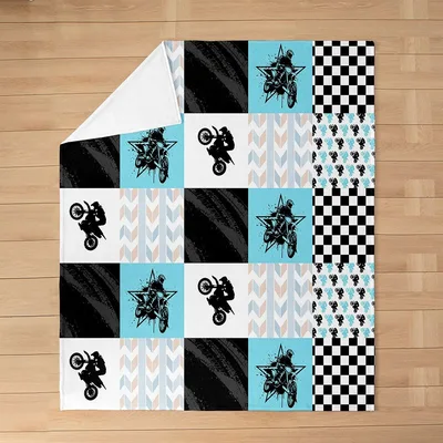 Dirt Bike Checkered Pattern Blanket: Patchwork Motocross Design