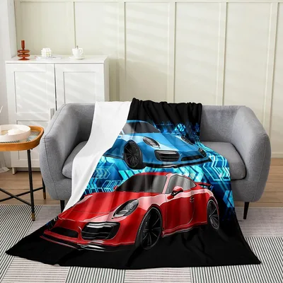 Red and Blue Sports Blanket Featuring Red and Blue Race Car Artwork