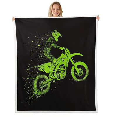 Green Motocross Rider Picture Blanket: Neon Dirt Bike Art for Fans