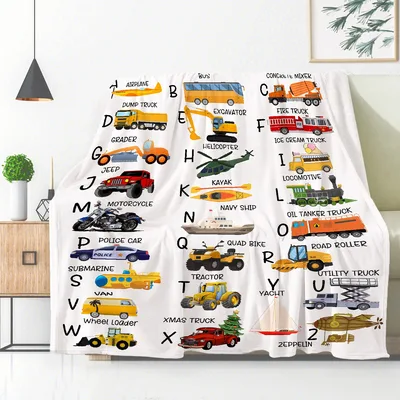 Vehicles Alphabet Chart Blanket featuring trucks planes
