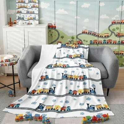 Cartoon Train Railway Pattern Blanket features colorful
