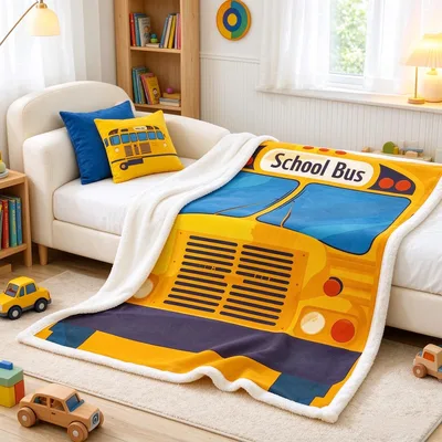 School Bus Vehicle Pattern Blanket: Front View of a Classic Yellow Bus
