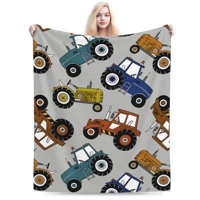 Cartoon Tractors Pattern Blanket: Colorful Farm Vehicle Design