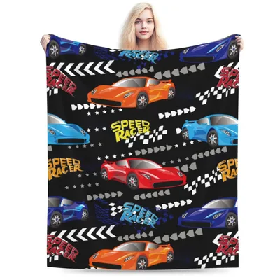 Racing Cars on Checkered Blanket: Speed Racer Design for Fans