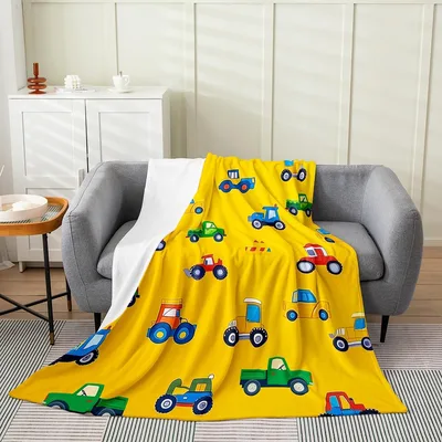 Cartoon Cars Trucks and Tractors Blanket for Young Drivers