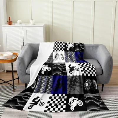 Dirt Bike Checkered Patchwork Blanket for Motocross Fans
