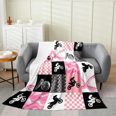 Dirt Bike Pink Checker Blanket: A Patchwork of Motorcross Silhouettes