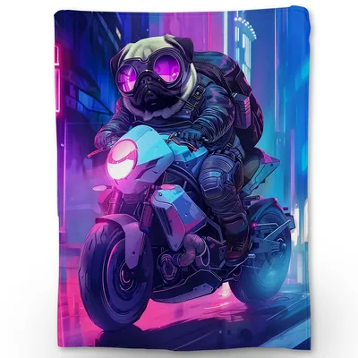 Futuristic Robot Rider Motorcycle Blanket featuring a cyberpunk pug