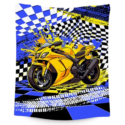 Yellow Sport Motorcycle Blanket: Racing Checkered Flag Design for Fans
