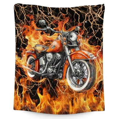 Motorcycle in Fire Flames Blanket: Orange Bike with Lightning and Fire