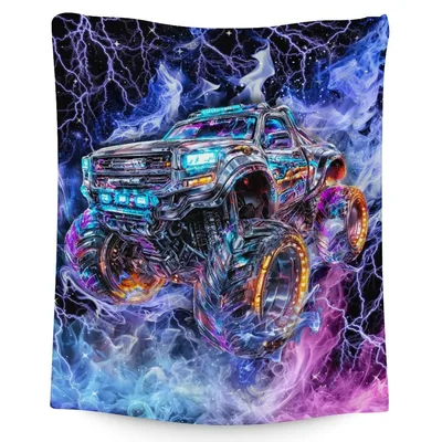 Monster Truck in Lightning Blanket: Neon Pickup Amidst Stormy Sky