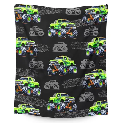 Green Monster Trucks Pattern Blanket: Neon Truck Throw for Kids