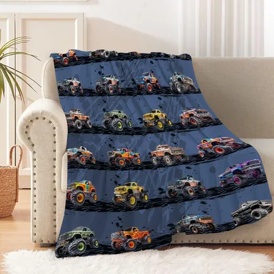 Monster Truck Pattern Blanket: Colorful Off-Road Vehicles on Blue