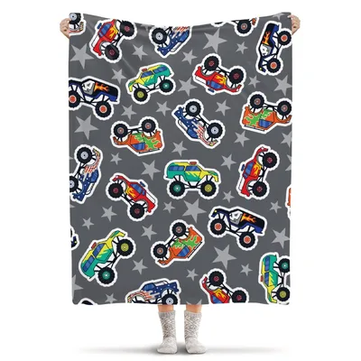 Monster Truck Star Pattern Blanket: Sticker-Style Vehicles on Gray