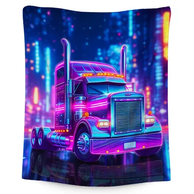 Neon Truck in City Blanket: Vibrant Neon Semi Truck Art