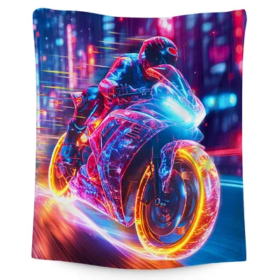 Neon Motorcycle Rider Night Blanket: Neon City Speed Art