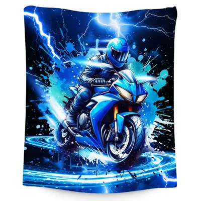 Blue Motorcycle Rider Lightning Blanket: Electric Blue Bike Art
