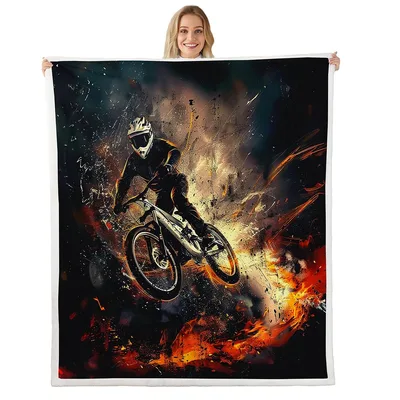 Mountain Biker Fire Scene Blanket: Extreme Sport Art for Riders