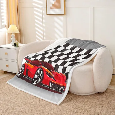 Red Race Car Blanket: Speeding Sports Car on Checkered Flag