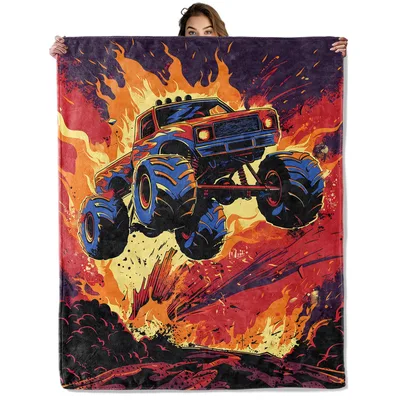 Monster Truck Fire Explosion Blanket: Flaming Blue Truck Art