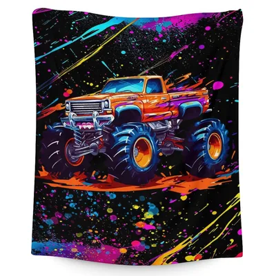 Monster Truck Splatter Art Blanket featuring an orange vintage pickup