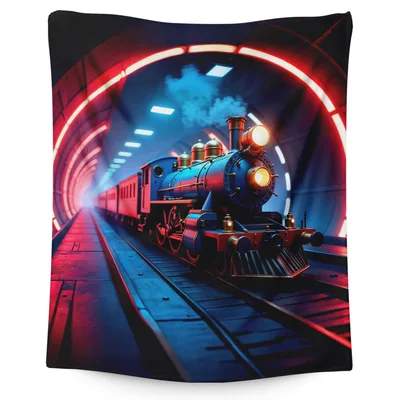 Steam Train in Tunnel Blanket: Neon Locomotive Art for Rail Fans
