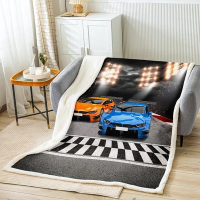 Racing Cars on Checkered Track Blanket featuring blue