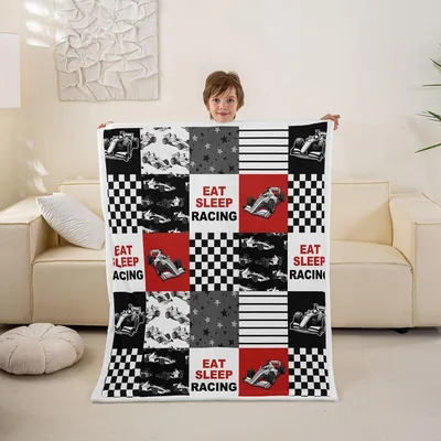 Eat Sleep Racing Checkered Panels Blanket for Speed Lovers