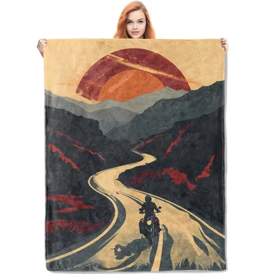Sunset Motorcycle Road Journey Blanket: Winding Path and Rust Sun