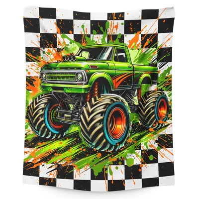 Green Monster Truck Racing Blanket for Kids and Car Lovers