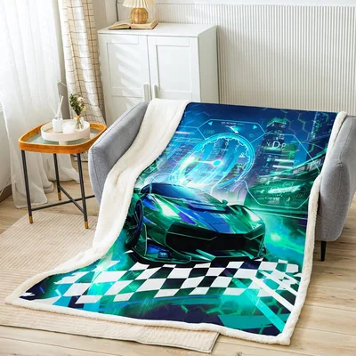 Teal Race Car Blanket: Futuristic Speedster on Checkered Track