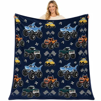 Monster Trucks Kids Pattern Blanket featuring cartoon monster trucks