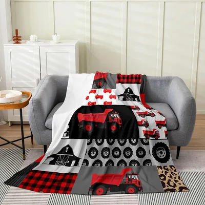 Tractor Farm Equipment Pattern Blanket featuring red dump trucks