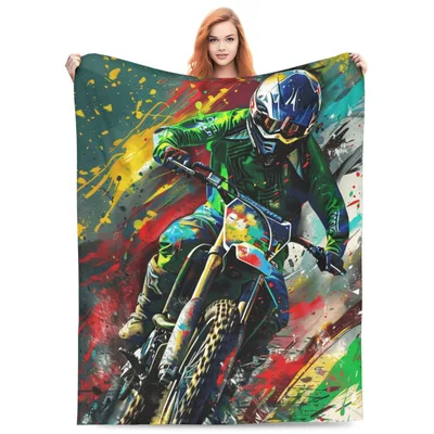 Motocross Rider Colorful Splash Blanket for Dirt Bike Fans